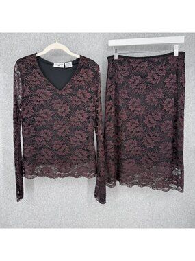 Kathy Ireland VTG Midi Skirt and Top Set Size M Purple Black Lace Dark Fairy EUC